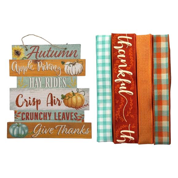 Thankful Fall Autumn Sign & Ribbons Bundle Set, DIY Wreath Making Kit Box - Picture 1 of 5